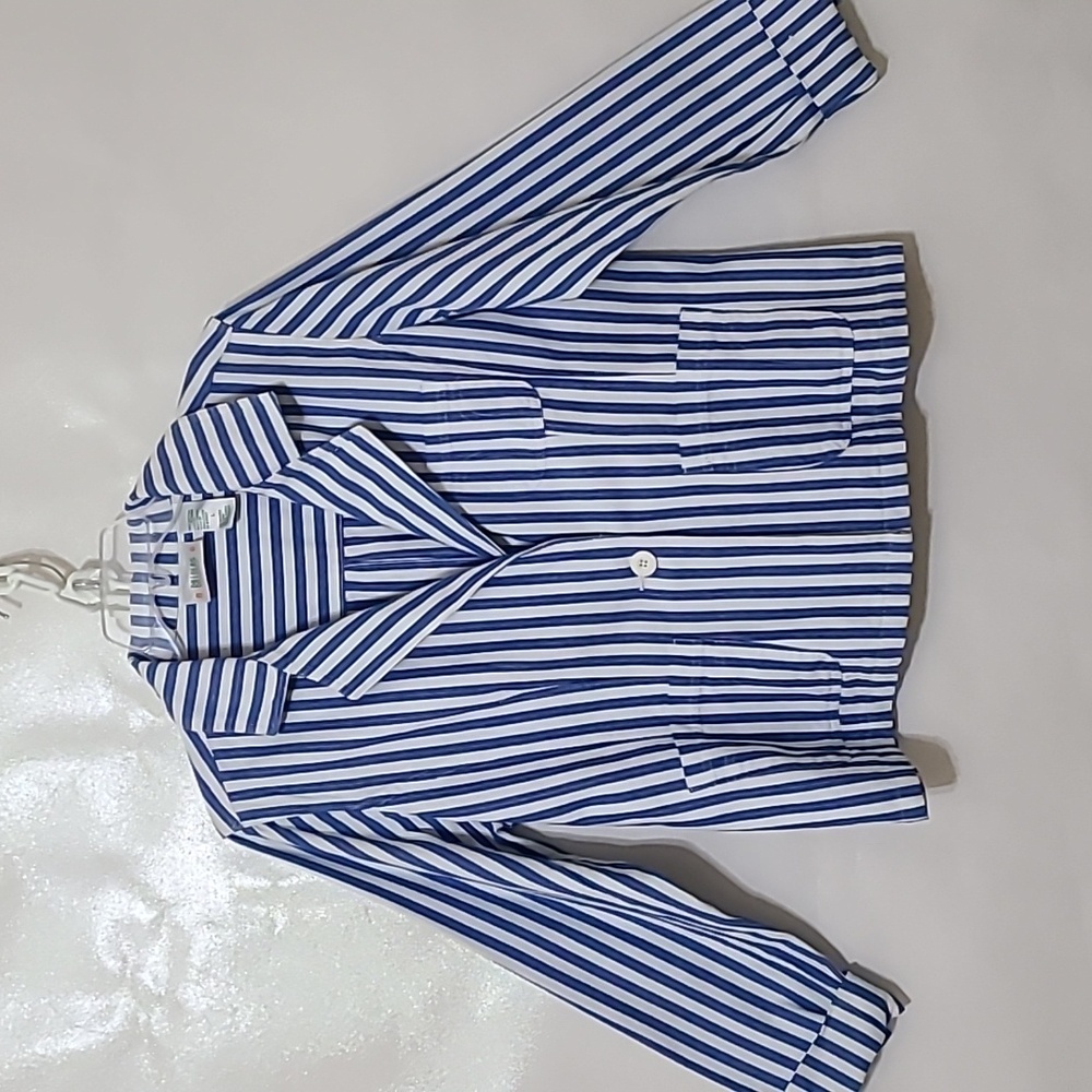 Bill Blass Navy and White Striped 100% Cotton Blazer Jacket - Size Large‎